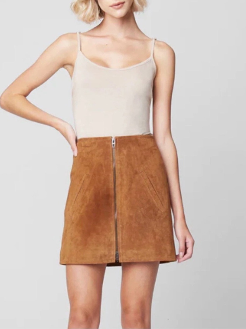 BLANKNYC Suede Leather Front-Zip Alder Mini Skirt Tan Brown Cognac Fall Size 26